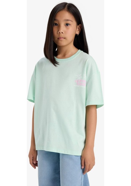 Kız Çocuk Oversize Geniş Kalıp Bisiklet Yaka Sırt Baskılı Kısa Kollu Tişört E0357A825SM