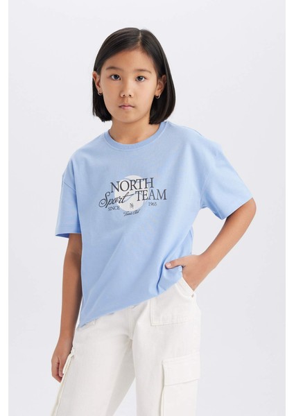 Kız Çocuk Relax Fit Bisiklet Yaka Baskılı Kısa Kollu Tişört E0355A825SM