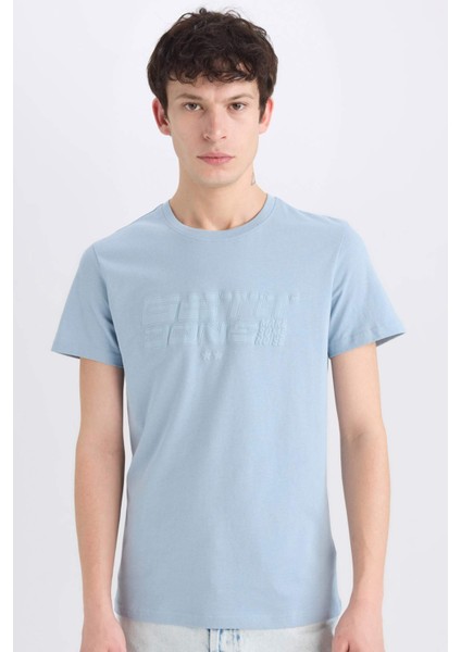 %100 Pamuk Slim Fit Dar Kesim Bisiklet Yaka Baskılı Kısa Kollu Tişört E0577AX25SM