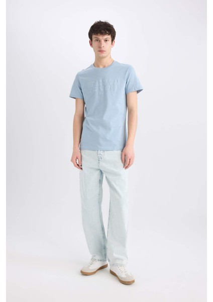 %100 Pamuk Slim Fit Dar Kesim Bisiklet Yaka Baskılı Kısa Kollu Tişört E0577AX25SM