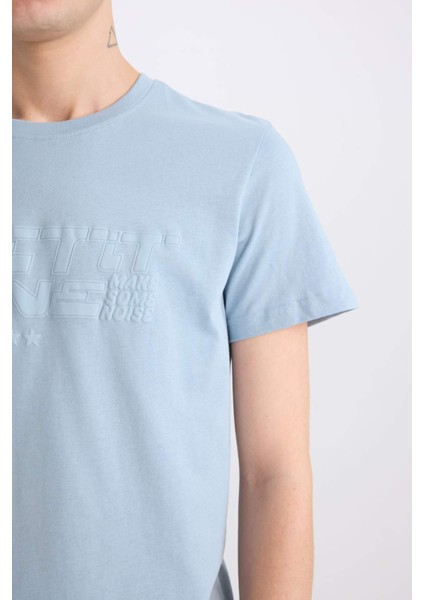 %100 Pamuk Slim Fit Dar Kesim Bisiklet Yaka Baskılı Kısa Kollu Tişört E0577AX25SM