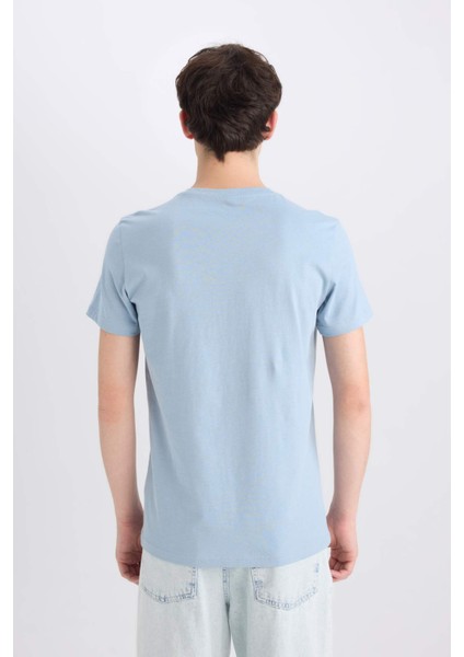 %100 Pamuk Slim Fit Dar Kesim Bisiklet Yaka Baskılı Kısa Kollu Tişört E0577AX25SM