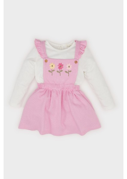 Kız Bebek 2'li Takım Uzun Kollu Üst Askılı Salopet Elbise