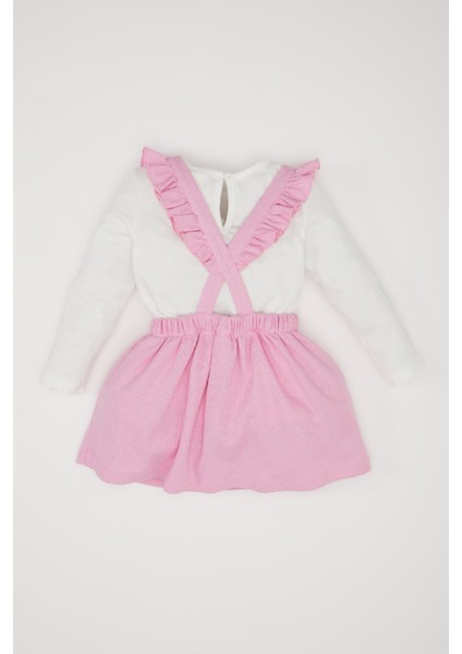 Kız Bebek 2'li Takım Uzun Kollu Üst Askılı Salopet Elbise
