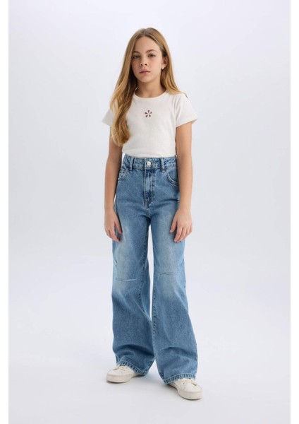 Kız Çocuk Wide Leg Yırtık Detaylı Geniş Paça Jean Pantolon