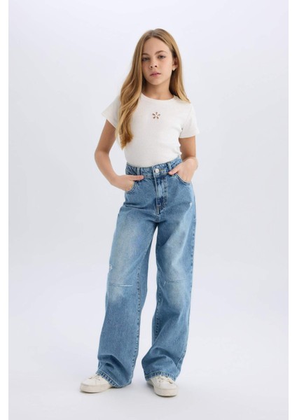 Kız Çocuk Wide Leg Yırtık Detaylı Geniş Paça Jean Pantolon