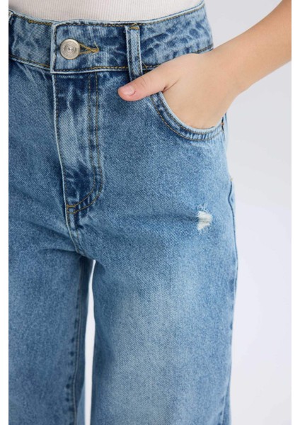 Kız Çocuk Wide Leg Yırtık Detaylı Geniş Paça Jean Pantolon