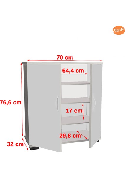ARD-114 70 x 76 x 32 cm 2 Kapaklı 3 Raflı 4 Bölmeli Ayakkabı Dolabı Antre Ayakkabılık