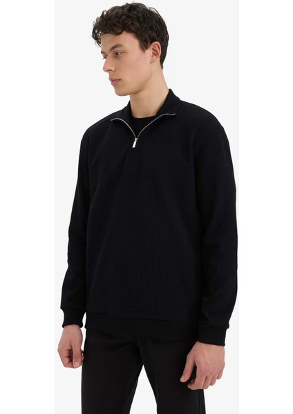 Comfort Fit Dik Yaka Dokulu Yarım Fermuarlı Waffle Sweatshirt D7543AX25SP