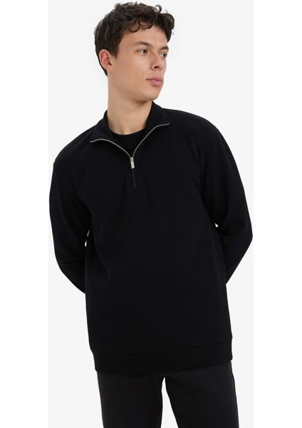 Comfort Fit Dik Yaka Dokulu Yarım Fermuarlı Waffle Sweatshirt D7543AX25SP