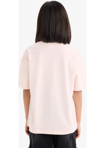 Kız Çocuk Oversize Geniş Kalıp Bisiklet Yaka Baskılı Kısa Kollu Tişört E0356A825SM