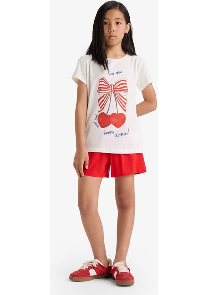 Kız Çocuk Pijama Takımı Baskılı Kısa Kollu Üst Beli Lastikli Şort E0667A825HS