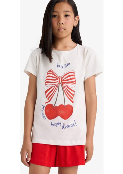 Kız Çocuk Pijama Takımı Baskılı Kısa Kollu Üst Beli Lastikli Şort E0667A825HS