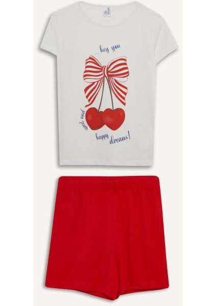 Kız Çocuk Pijama Takımı Baskılı Kısa Kollu Üst Beli Lastikli Şort E0667A825HS