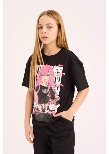 Kız Çocuk Relax Fit Bisiklet Yaka Baskılı Kısa Kollu Tişört E0353A825SM