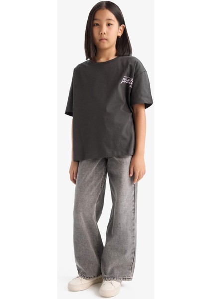 Kız Çocuk Oversize Geniş Kalıp Bisiklet Yaka Sırt Baskılı Kısa Kollu Tişört E0367A825SM