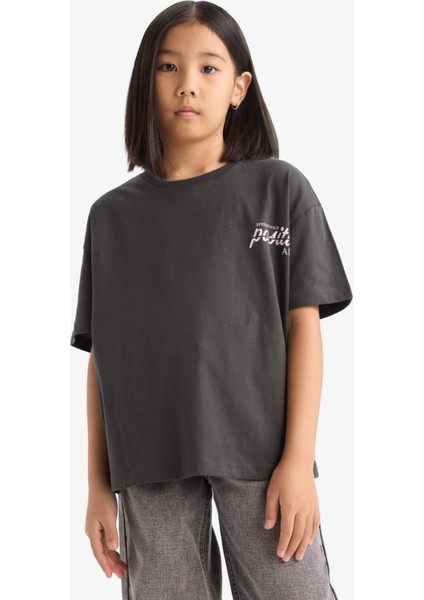 Kız Çocuk Oversize Geniş Kalıp Bisiklet Yaka Sırt Baskılı Kısa Kollu Tişört E0367A825SM