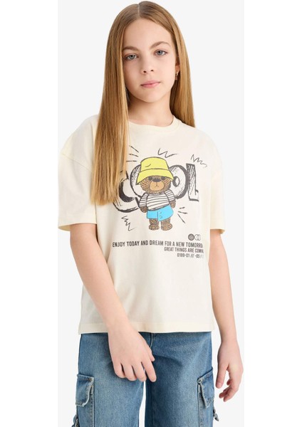 Kız Çocuk Relax Fit Bisiklet Yaka Baskılı Kısa Kollu Tişört E0353A825SM
