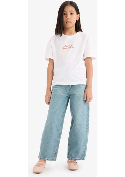 Kız Çocuk Relax Fit Bisiklet Yaka Sırt Baskılı Kısa Kollu Tişört E0387A825SM