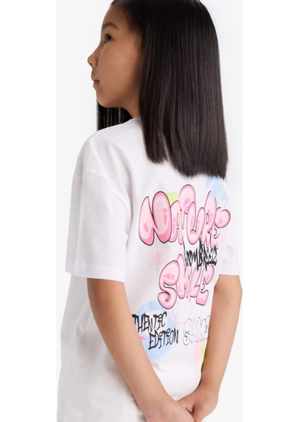 Kız Çocuk Oversize Geniş Kalıp Bisiklet Yaka Sırt Baskılı Kısa Kollu Tişört E0367A825SM