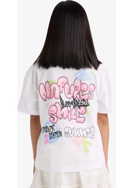 Kız Çocuk Oversize Geniş Kalıp Bisiklet Yaka Sırt Baskılı Kısa Kollu Tişört E0367A825SM