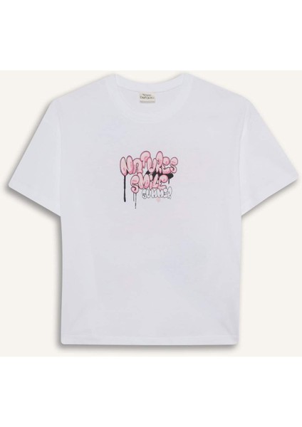 Kız Çocuk Oversize Geniş Kalıp Bisiklet Yaka Sırt Baskılı Kısa Kollu Tişört E0367A825SM
