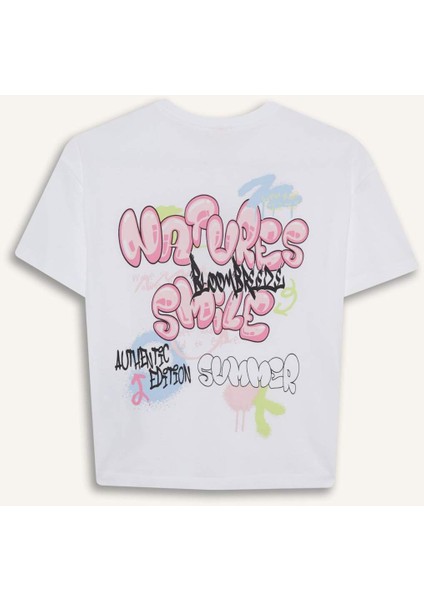 Kız Çocuk Oversize Geniş Kalıp Bisiklet Yaka Sırt Baskılı Kısa Kollu Tişört E0367A825SM