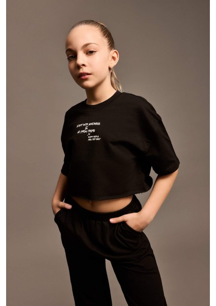 Kız Çocuk 2'li Takım Baskılı Kısa Kollu Tişört Beli Paçası Lastikli Eşofman Altı Z8983A625SM