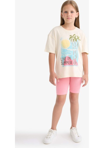 Kız Çocuk Relax Fit Bisiklet Yaka Baskılı Kısa Kollu Tişört E0353A825SM