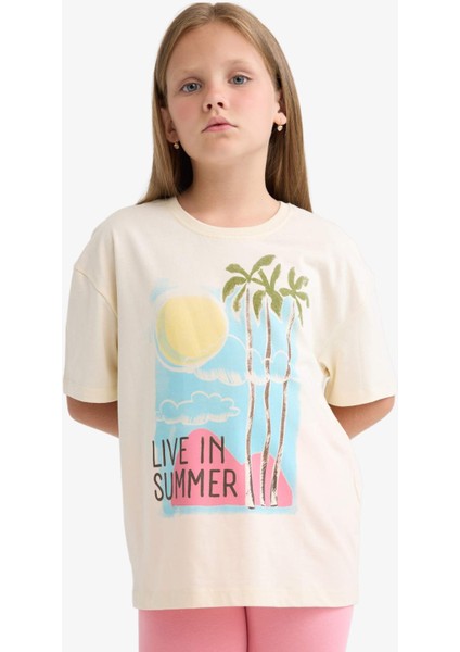 Kız Çocuk Relax Fit Bisiklet Yaka Baskılı Kısa Kollu Tişört E0353A825SM