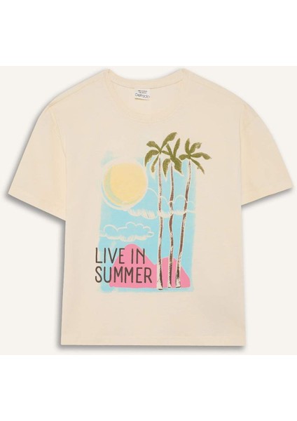 Kız Çocuk Relax Fit Bisiklet Yaka Baskılı Kısa Kollu Tişört E0353A825SM