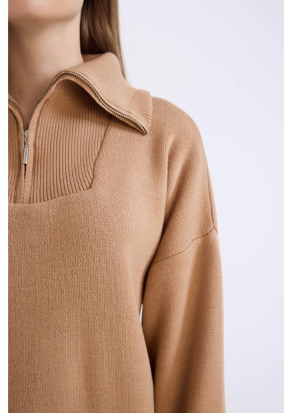 Regular Fit Fermuarlı Dik Yaka Triko Kazak Tunik B0191AX24WN