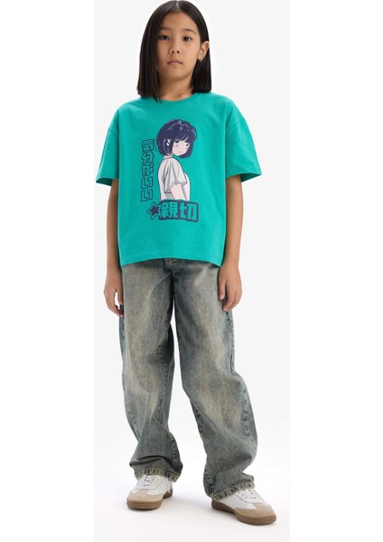 Kız Çocuk Oversize Geniş Kalıp Bisiklet Yaka Baskılı Kısa Kollu Tişört