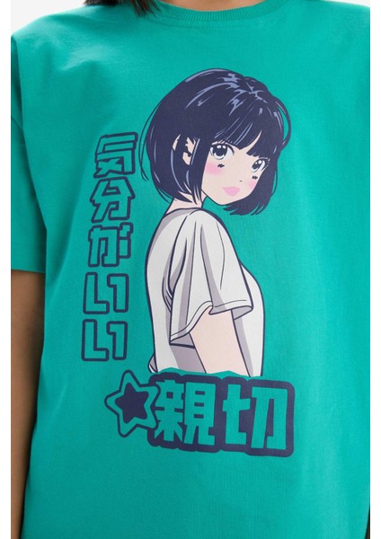 Kız Çocuk Oversize Geniş Kalıp Bisiklet Yaka Baskılı Kısa Kollu Tişört