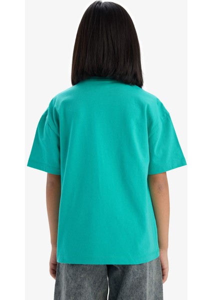 Kız Çocuk Oversize Geniş Kalıp Bisiklet Yaka Baskılı Kısa Kollu Tişört