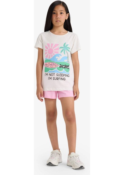 Kız Çocuk Pijama Takımı Baskılı Kısa Kollu Üst Beli Lastikli Şort E0665A825HS