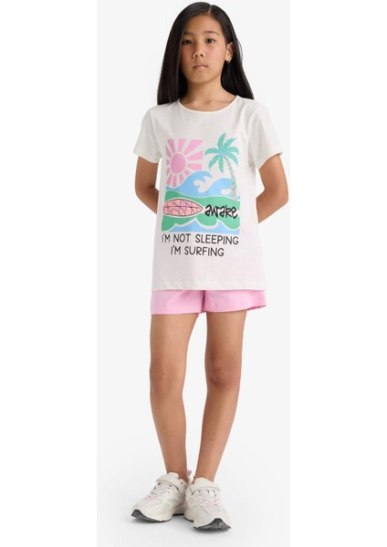 Kız Çocuk Pijama Takımı Baskılı Kısa Kollu Üst Beli Lastikli Şort E0665A825HS