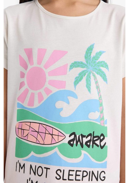 Kız Çocuk Pijama Takımı Baskılı Kısa Kollu Üst Beli Lastikli Şort E0665A825HS