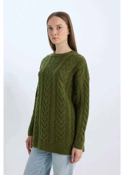 Regular Fit Bisiklet Yaka Saç Örgü Desenli Triko Kazak Tunik B4284AX24WN