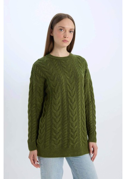 Regular Fit Bisiklet Yaka Saç Örgü Desenli Triko Kazak Tunik B4284AX24WN