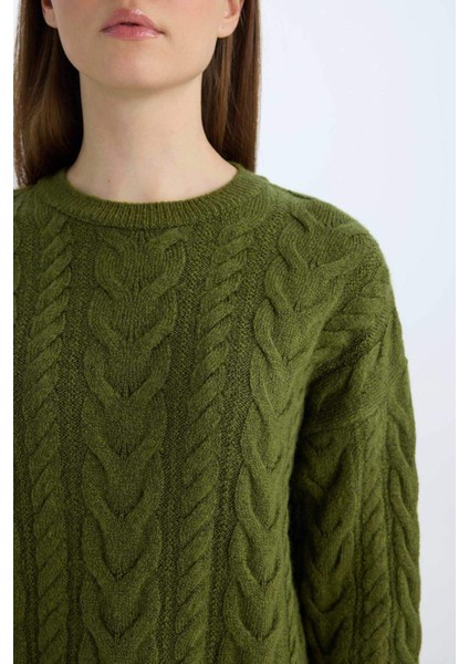 Regular Fit Bisiklet Yaka Saç Örgü Desenli Triko Kazak Tunik B4284AX24WN