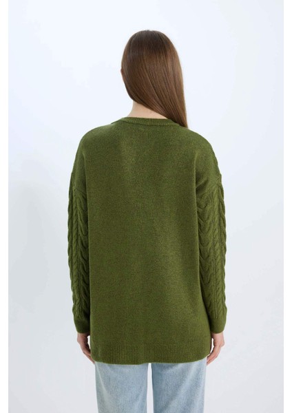 Regular Fit Bisiklet Yaka Saç Örgü Desenli Triko Kazak Tunik B4284AX24WN