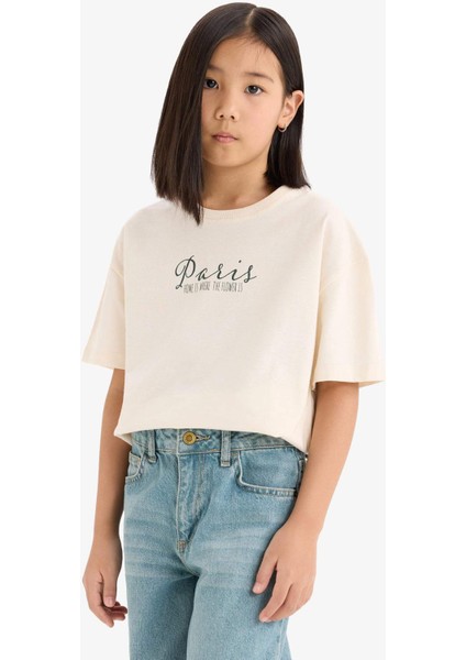 Kız Çocuk Oversize Geniş Kalıp Bisiklet Yaka Sırt Baskılı Kısa Kollu Tişört E0367A825SM