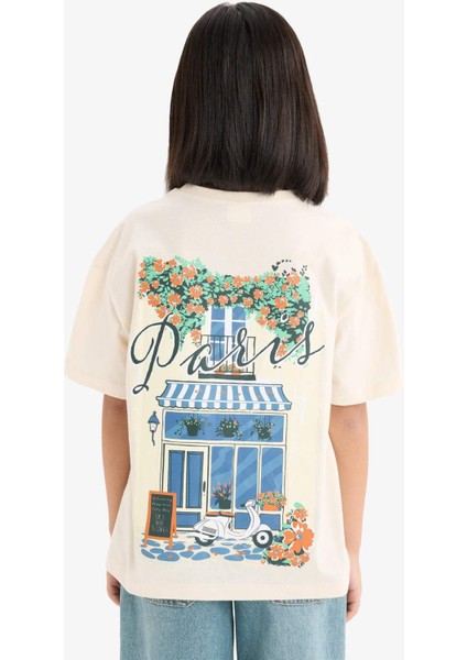 Kız Çocuk Oversize Geniş Kalıp Bisiklet Yaka Sırt Baskılı Kısa Kollu Tişört E0367A825SM