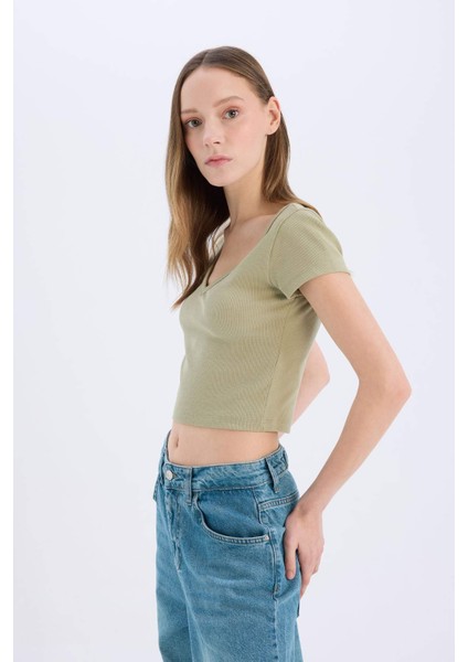 Fitted Fitilli Kaşkorse Basic Düz Kısa Kollu Tişört E0290AX25SM