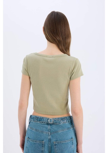 Fitted Fitilli Kaşkorse Basic Düz Kısa Kollu Tişört E0290AX25SM