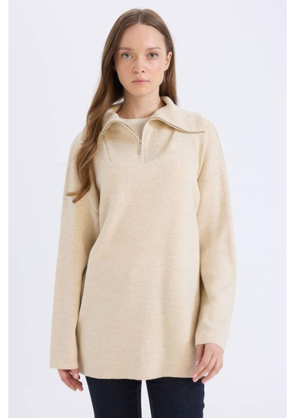 Regular Fit Fermuarlı Dik Yaka Triko Kazak Tunik B0191AX24WN