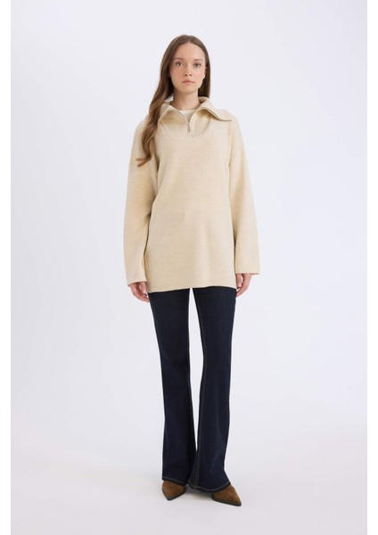 Regular Fit Fermuarlı Dik Yaka Triko Kazak Tunik B0191AX24WN