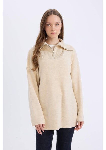 Regular Fit Fermuarlı Dik Yaka Triko Kazak Tunik B0191AX24WN