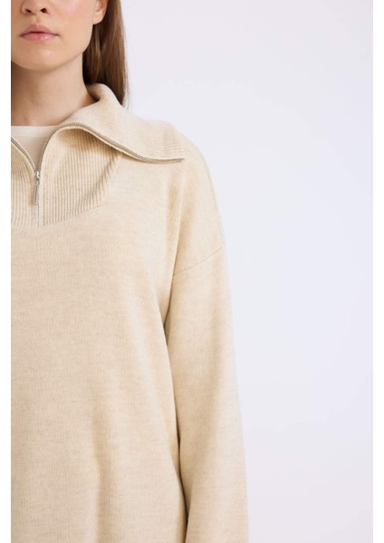 Regular Fit Fermuarlı Dik Yaka Triko Kazak Tunik B0191AX24WN